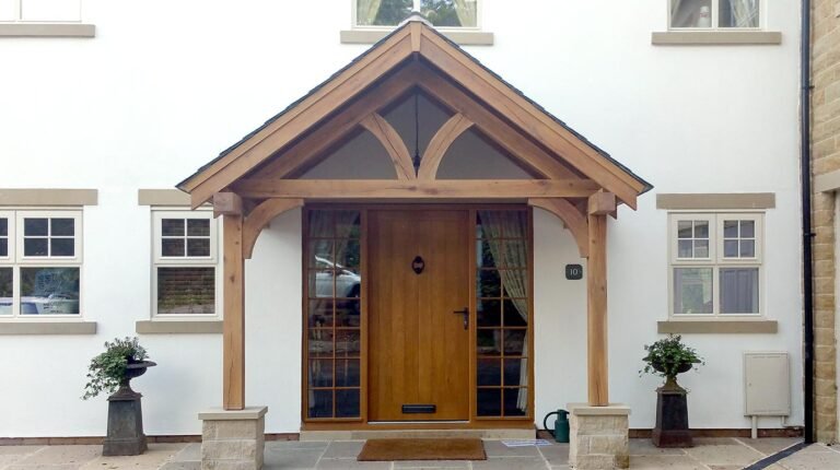 Large 2 post oak porch with roof overhang